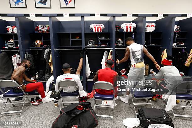 DeAndrew White, Jerome Simpson, Bruce Ellington, Quinton Patton and Torrey Smith of the San Francisco 49ers relax in the locker room prior to the...