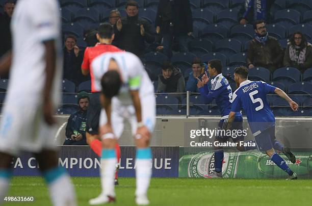 Dynamo KyivÕs midfielder Derlis Gonzalez celebrates after scoring a goal during the UEFA Champions League match between FC Porto and FC Dynamo Kyiv...