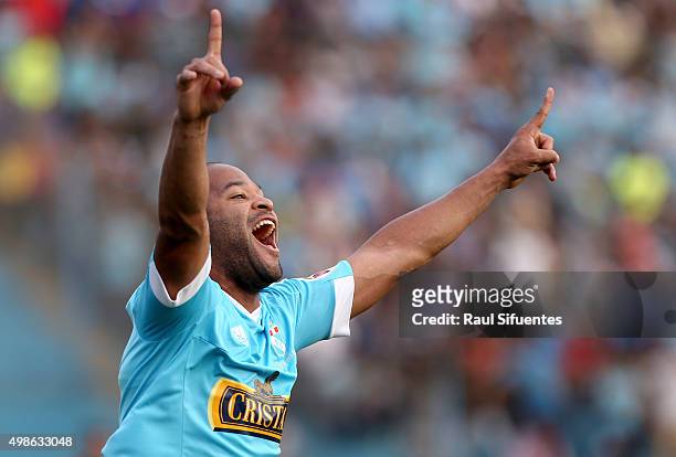Alberto Rodriguez of Sporting Cristal celebrates the second goal of his team against FBC Melgar during a match between Sporting Cristal v FBC Melgar...