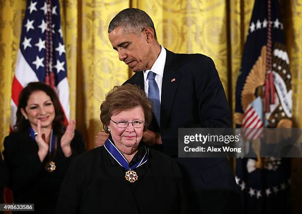 President Barack Obama presents the Presidential Medal of Freedom to U.S. Sen. Barbara Mikulski during an East Room ceremony November 24, 2015 at the...