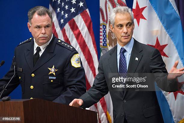 Chicago Police Superintendent Garry McCarthy and Mayor Rahm Emanuel arrive for a press conference to address the arrest of Chicago Police officer...