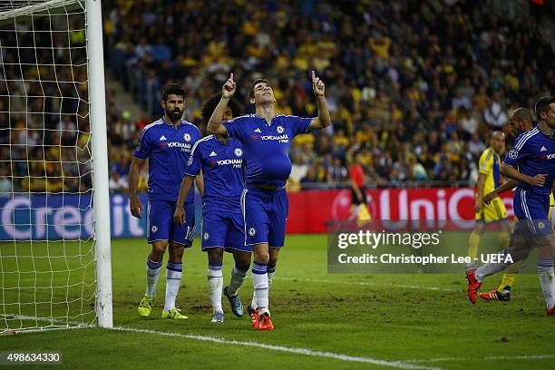 Oscar of Chelsea celebrates during the UEFA Champions League Group G match between Maccabi Tel-Aviv FC and Chelsea at the Sammy Ofer Stadium on...