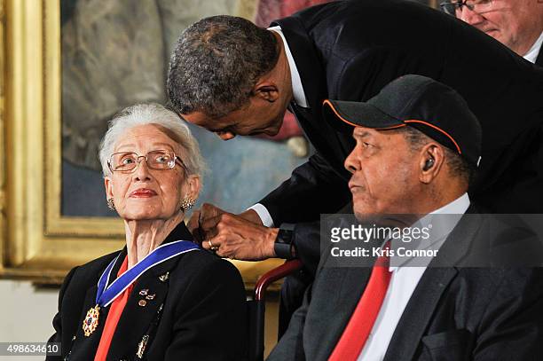 President Barack Obama presents Katherine G. Johnson with the Presidential Medal of Freedom during the 2015 Presidential Medal Of Freedom Ceremony at...
