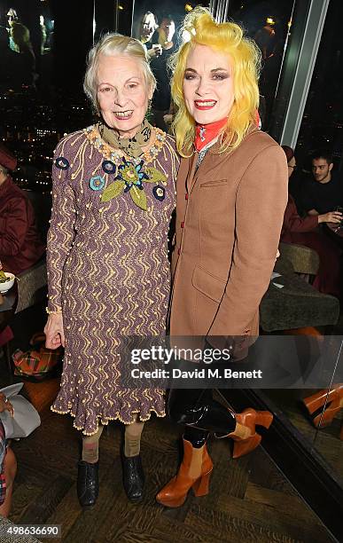 Vivienne Westwood and Pam Hogg attend Vivienne Westwood Christmas tree unveiling at aqua shard on November 24, 2015 in London, England.