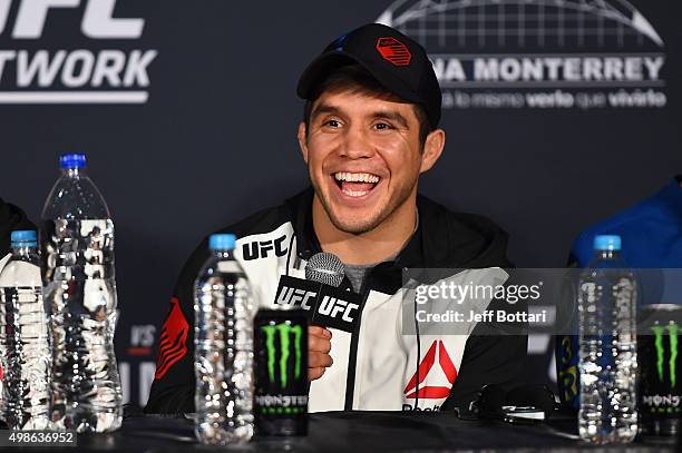 Henry Cejudo of the United States interacts with the media during the post fight press conference after the UFC Fight Night event at Arena Monterrey...