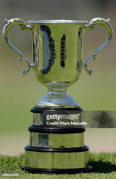 The Australian Open trophy, Stonehaven Cup, is seen ahead of the 2015 Australian Open at The Australian Golf Club on November 25, 2015 in Sydney,...