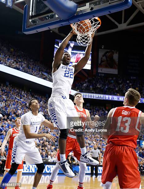 Alex Poythress of the Kentucky Wildcats dunks the ball during the game against the Boston Terriers at Rupp Arena on November 24, 2015 in Lexington,...