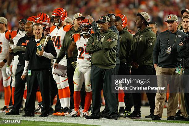 Head coach Marvin Lewis of the Cincinnati Bengals watches the action during the NFL game against the Arizona Cardinals at the University of Phoenix...