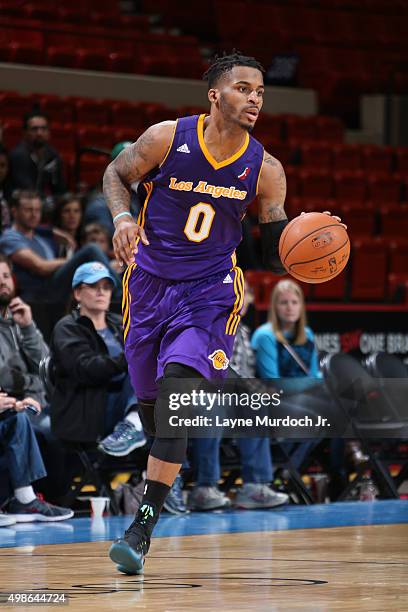 Vander Blue of the Los Angeles D-Fenders drives the ball against the Oklahoma City Blue during an NBA D-League game on November 24, 2015 at the Cox...