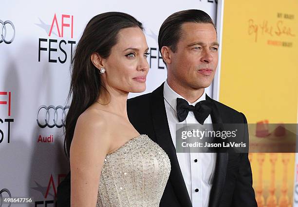 Angelina Jolie and Brad Pitt attend the premiere of "By the Sea" at the 2015 AFI Fest at TCL Chinese 6 Theatres on November 5, 2015 in Hollywood,...