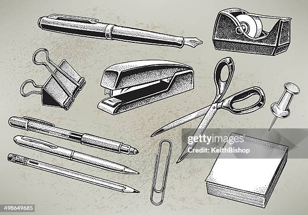 stockillustraties, clipart, cartoons en iconen met office supplies - stapler, paperclip, pen - vastmaken