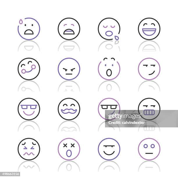 bildbanksillustrationer, clip art samt tecknat material och ikoner med emoji icons set 7 | purple line series - smirking