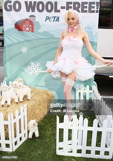 Courtney Stodden protests for PETA's "Save The Sheep!" campaign on November 24, 2015 in Hollywood, California.