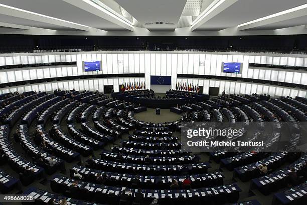 A general view of the plenary room in the European Parliament during the debate on the measures to fight the terrorism. November 25, 2015 in...