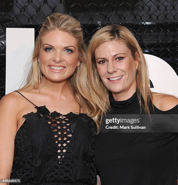 Erin Molan and Erica Berchtold arrive ahead of the opening of Rebels new flagship 'accelerate' store at Westfield Bondi Junction on November 25, 2015...