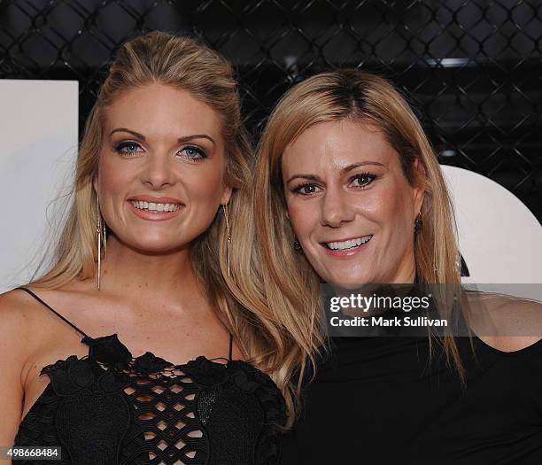 Erin Molan and Erica Berchtold arrive ahead of the opening of Rebels new flagship 'accelerate' store at Westfield Bondi Junction on November 25, 2015...