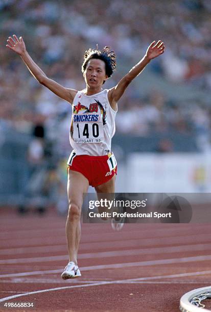 Junxia Wang of China wins the women's 10,000 metres event during the World Athletics Championships in Stuttgart, Germany, circa August 1993.