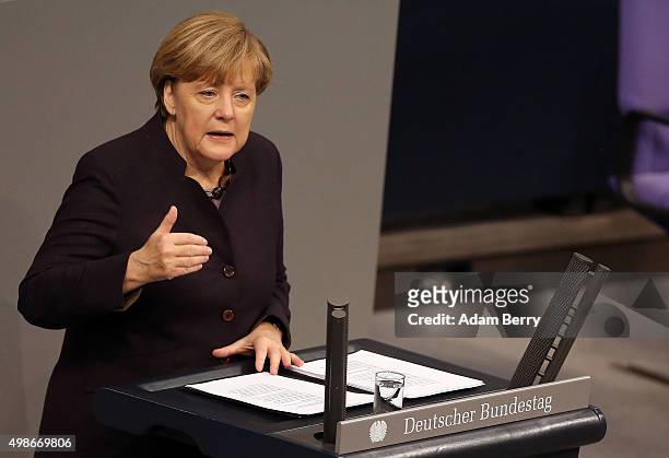 German Chancellor Angela Merkel speaks during a meeting of the Bundestag, the German federal parliament, as its members discuss the country's 2016...