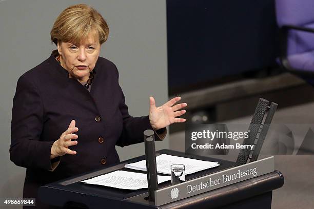 German Chancellor Angela Merkel speaks during a meeting of the Bundestag, the German federal parliament, as its members discuss the country's 2016...