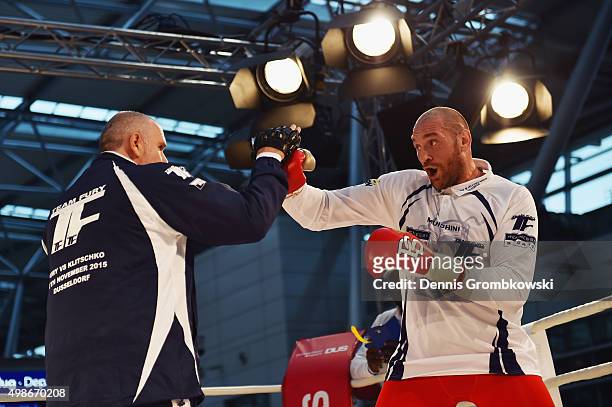 Tyson Fury practices during a Media Training Session at Dusseldorf Airport on November 25, 2015 in Duesseldorf, Germany.