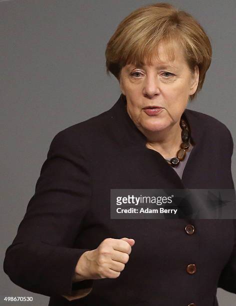 German Chancellor Angela Merkel speaks during a meeting of the Bundestag, the German federal parliament, as its members discuss the country's 2016...