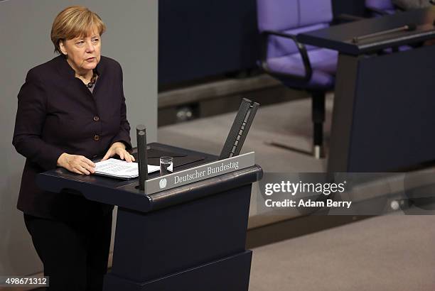 German Chancellor Angela Merkel speaks during a meeting of the Bundestag, the German federal parliament, as its members discuss the country's 2016...