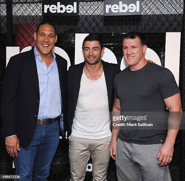 Geoff Huegill, Anthony Minichello and Paul Gallen arrive ahead of the opening of Rebels new flagship 'accelerate' store at Westfield Bondi Junction...