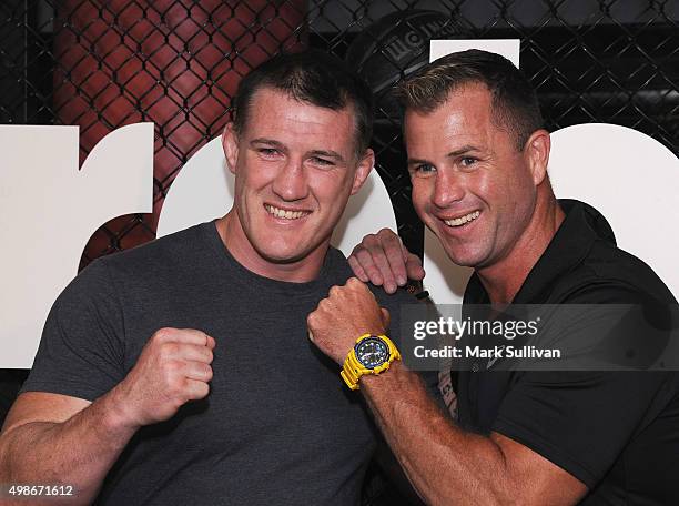 Paul Gallen and Shannan Ponton arrive ahead of the opening of Rebels new flagship 'accelerate' store at Westfield Bondi Junction on November 25, 2015...