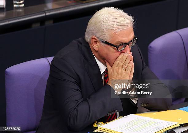 Foreign Minister Frank-Walter Steinmeier listens during a meeting of the Bundestag, the German federal parliament, as its members discuss the...