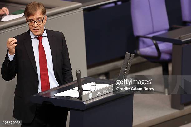 German Left Party Member Dietmar Bartsch speaks during a meeting of the Bundestag, the German federal parliament, as its members discuss the...