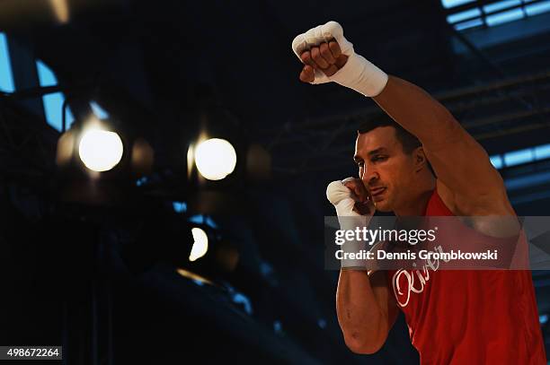 Wladimir Klitschko practices during a Media Training Session at Dusseldorf Airport on November 25, 2015 in Duesseldorf, Germany.