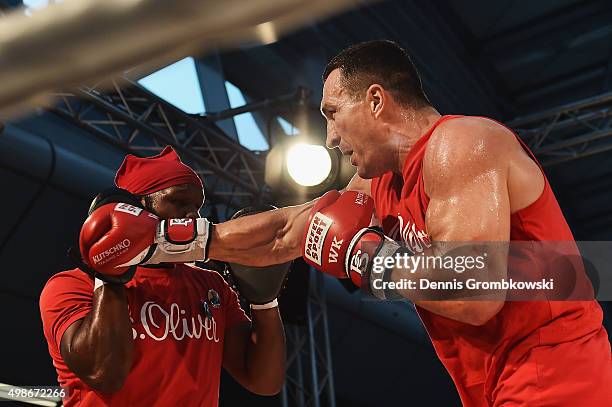 Wladimir Klitschko practices during a Media Training Session at Dusseldorf Airport on November 25, 2015 in Duesseldorf, Germany.