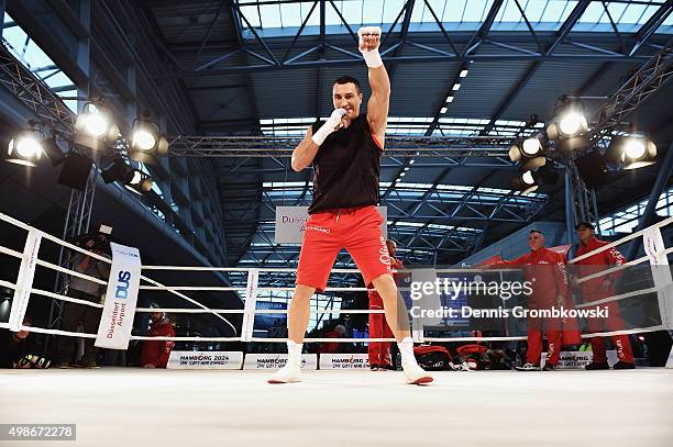 Wladimir Klitschko practices during a Media Training Session at Dusseldorf Airport on November 25, 2015 in Duesseldorf, Germany.