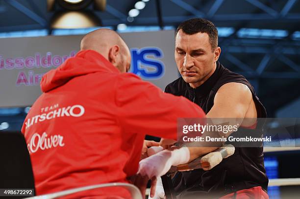 Wladimir Klitschko prepares prior to a Media Training Session at Dusseldorf Airport on November 25, 2015 in Duesseldorf, Germany.