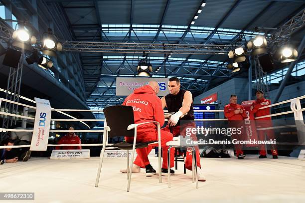 Wladimir Klitschko prepares prior to a Media Training Session at Dusseldorf Airport on November 25, 2015 in Duesseldorf, Germany.