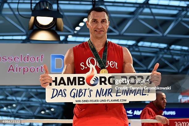 Wladimir Klitschko poses after a Media Training Session at Dusseldorf Airport on November 25, 2015 in Duesseldorf, Germany. Wladimir Klitschko is...