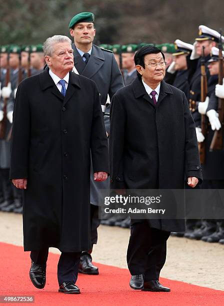 Vietnamese President Truong Tan Sang attends a military welcome ceremony with German President Joachim Gauck at Bellevue Presidential Palace on...