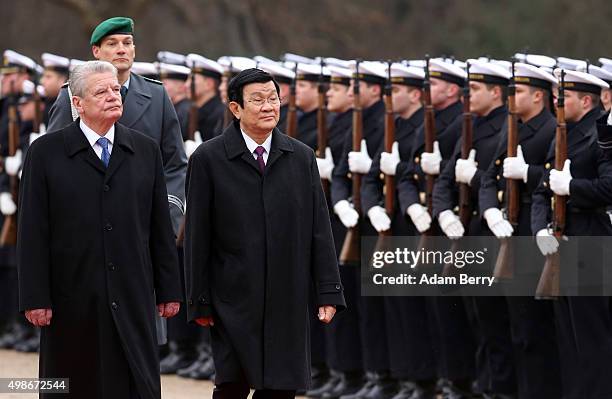 Vietnamese President Truong Tan Sang attends a military welcome ceremony with German President Joachim Gauck at Bellevue Presidential Palace on...