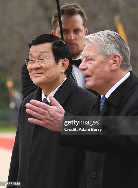 Vietnamese President Truong Tan Sang attends a military welcome ceremony with German President Joachim Gauck at Bellevue Presidential Palace on...