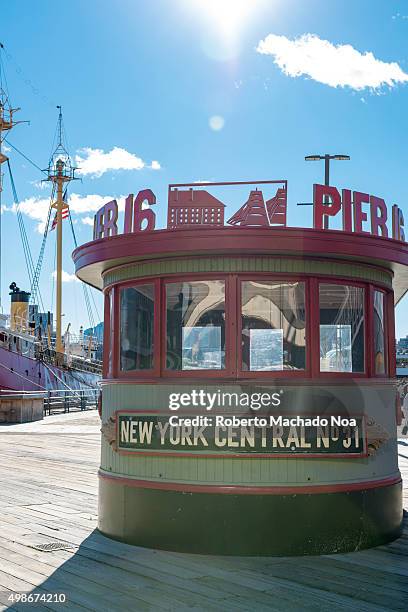 New York Central no 31 Pilot House on Pier 16 at South Street Seaport in Manhattan, New York city, USA. The pilot house once sat atop the steam...