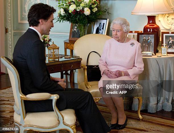 Canadian Prime Minister Justin Trudeau meets Britain's Queen Elizabeth II during a private audience at Buckingham Palace in London on November 25,...