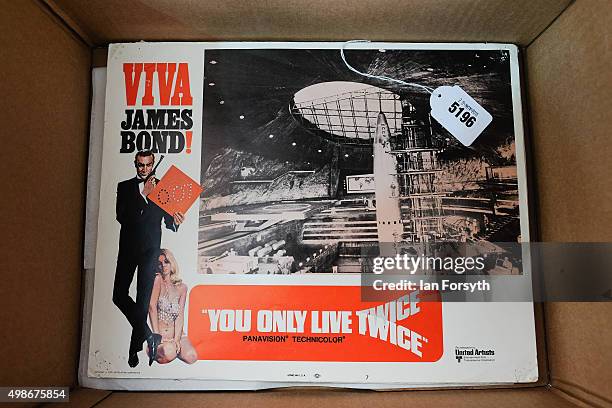 Movie soundtrack album from You Only Live Twice is displayed during a James Bond memorabilia auction on November 25, 2015 in Stockton-on-Tees,...