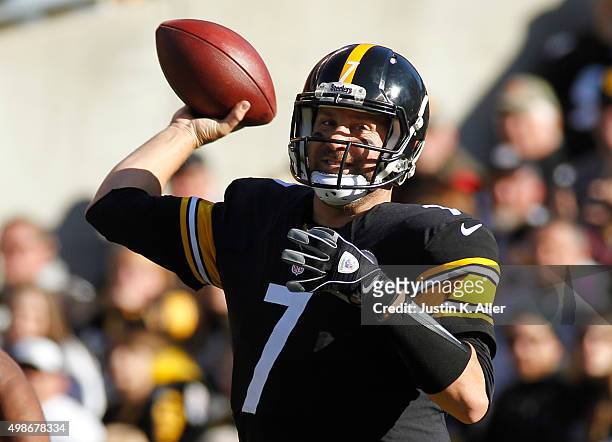 Ben Roethlisberger of the Pittsburgh Steelers in action during the game against the Oakland Raiders on November 8, 2015 at Heinz Field in Pittsburgh,...
