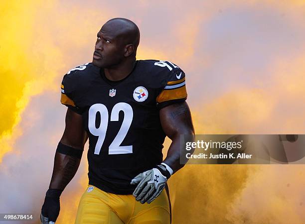 James Harrison of the Pittsburgh Steelers in action during the game against the Oakland Raiders on November 8, 2015 at Heinz Field in Pittsburgh,...