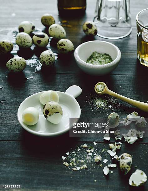 quail eggs and celery salt with beer on the side - uovo di quaglia foto e immagini stock