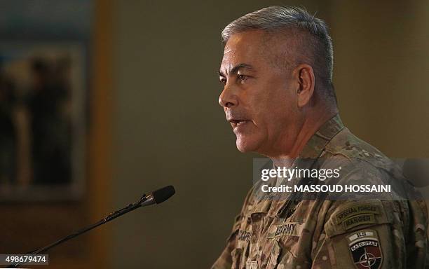 Commander of U.S. And NATO forces in Afghanistan, General John F. Campbell speaks during a press conference at Resolute Support headquarters in Kabul...