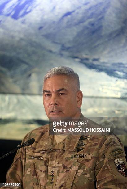 Commander of U.S. And NATO forces in Afghanistan, General John F. Campbell speaks during a press conference at Resolute Support headquarters in Kabul...