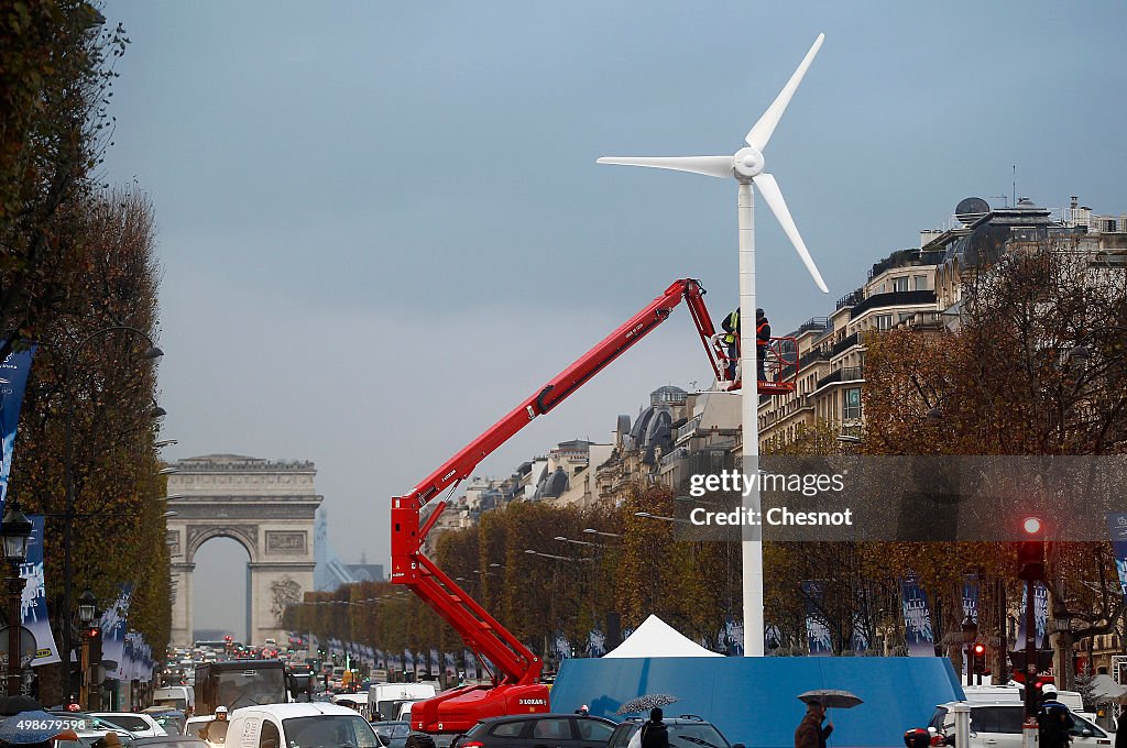 Wind Turbine Installed On The Champs Elysee Ahead Of Cop 21
