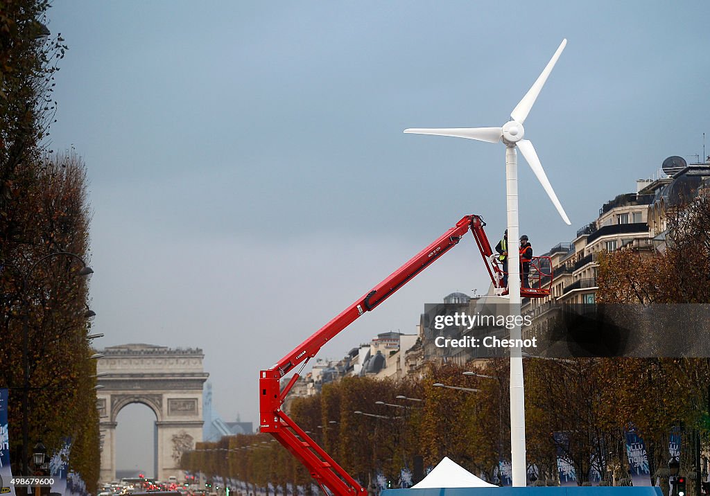 Wind Turbine Installed On The Champs Elysee Ahead Of Cop 21