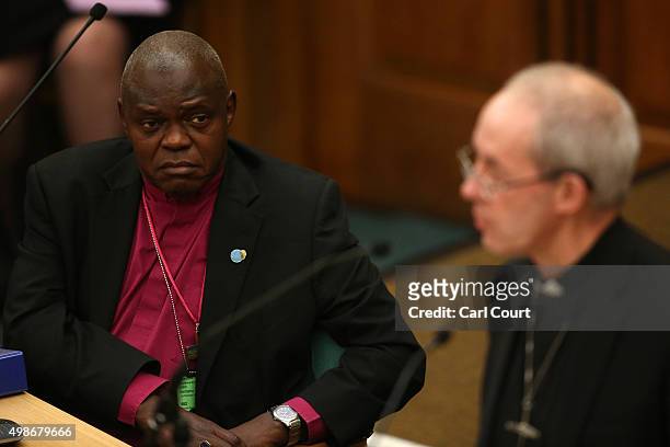John Sentamu , the Archbishop of York, looks on as Justin Welby, the Archbishop of Canterbury, speaks during the General Synod on November 25, 2015...